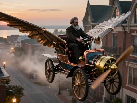 Steampunk Flying Car with Wings at Sunset