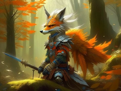 Steampunk Fox Warrior in Enchanted Autumn Forest