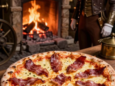 Steampunk Gentleman with Bacon Pizza by Fireplace