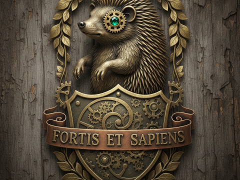 Steampunk Hedgehog Family Crest with Latin Motto