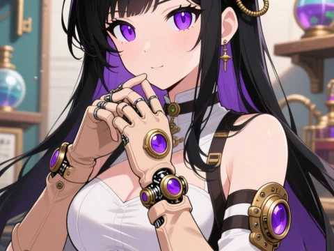 Steampunk Inventor with Purple Accents in Anime Style
