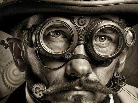 Steampunk Man with Mechanical Goggles and Mustache