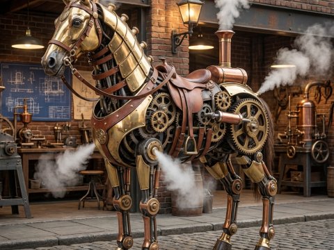 Steampunk Mechanical Horse Emitting Steam in Workshop