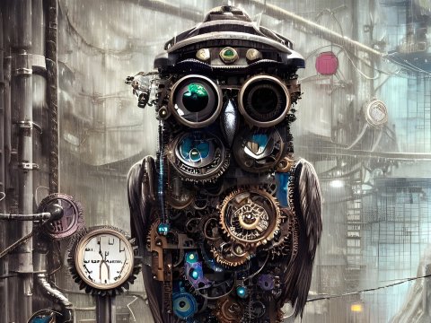 Steampunk Owl Construct in Industrial Setting