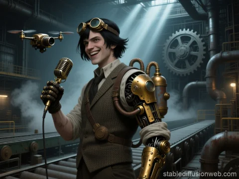 Steampunk Reporter with Mechanical Arm and Drone