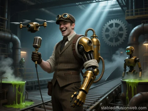 Steampunk Reporter with Mechanical Arm and Drone in Industrial Factory