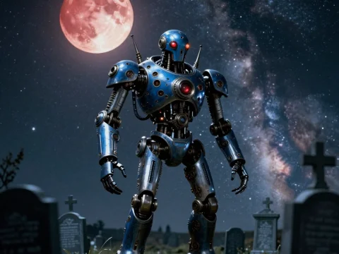 Steampunk Robot Under a Blood Moon in a Graveyard