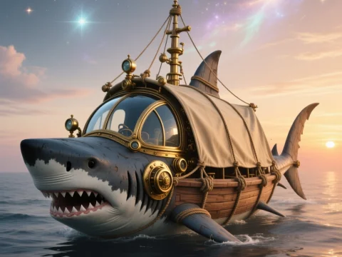 Steampunk Shark Submarine Sailing at Sunset
