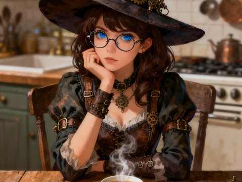 Steampunk Witch with Blue Eyes Enjoying Coffee