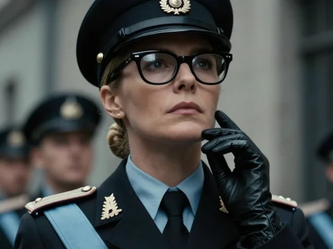 Stern Female Officer in Formal Uniform with Black Gloves