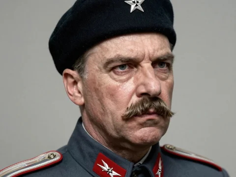 Stern Military Officer in Vintage Uniform with Beret