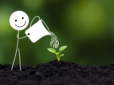 Stick Figure Watering a Growing Plant