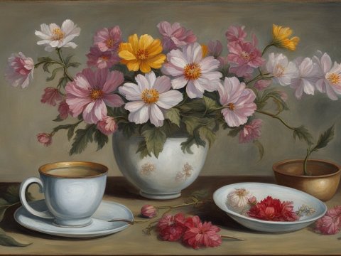 Still Life Painting of Flowers with Tea Cup