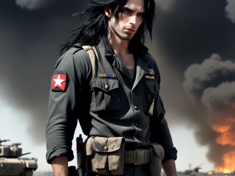 Stoic Soldier in Warzone with Explosions and Tanks