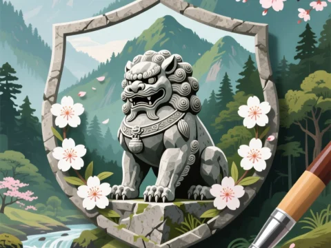 Stone Guardian Lion in Serene Mountain Landscape