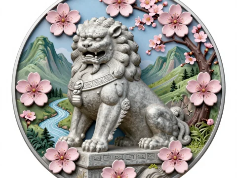 Stone Guardian Lion with Cherry Blossoms and Mountain Landscape