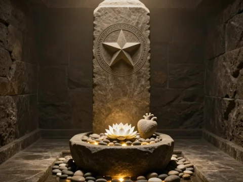 Stone Sanctuary with Radiant Lotus and Heart Sculpture