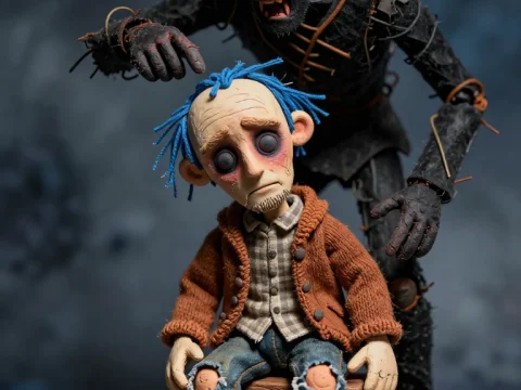 Stop Motion Puppet Scene with Distressed Character and Dark Figure