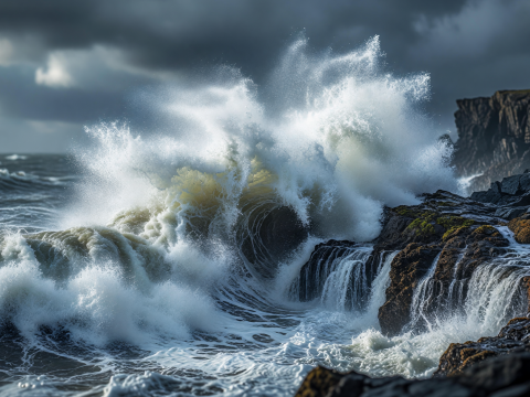 Storm Fury: Massive Waves Crashing Against Rocky Cliffs