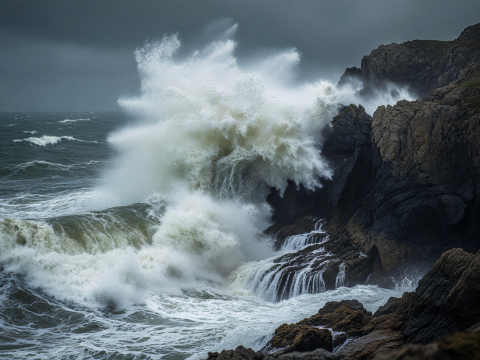 Storm Wave Crashing Against Rocky Cliffs