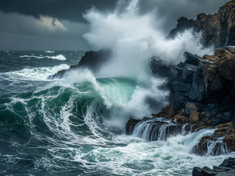 Storm Waves Crashing Against Rocky Cliff