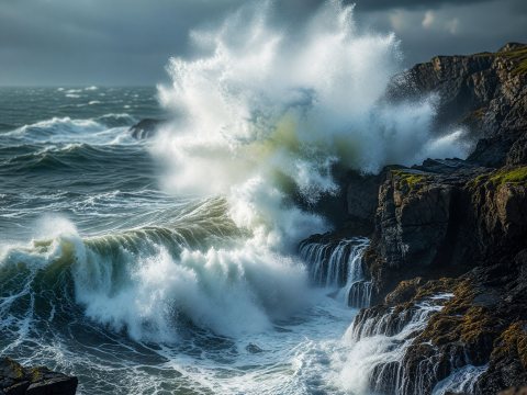 Storm Waves Crashing Against Rocky Cliffs