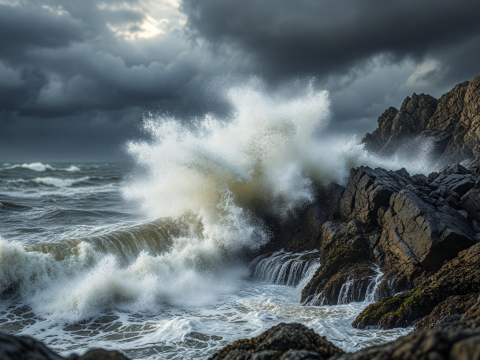 Storm Waves Crashing Against Rocky Cliffs
