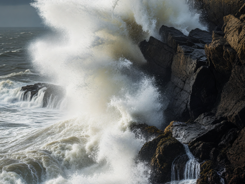 Storm Waves Crashing Fiercely on Rocky Cliffs