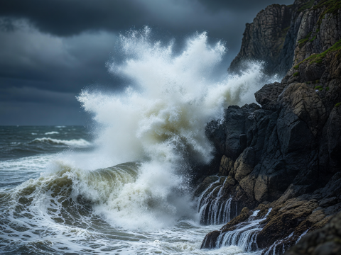 Storm Waves Crashing on Jagged Cliffs