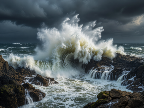 Storm Waves Crashing on Rocky Cliffs