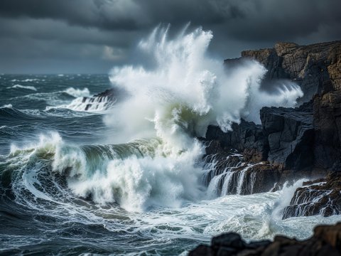 Storm Waves Crashing on Rugged Coastal Cliffs