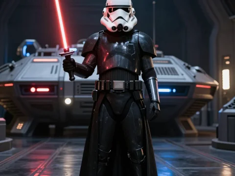 Stormtrooper Holding Red Lightsaber in Sci-Fi Hangar
