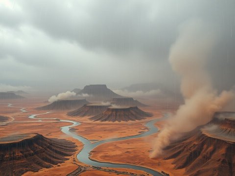 Stormy Desert Landscape with Dust Storm and Meandering River