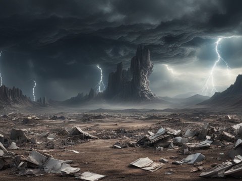 Stormy Lightning Over Rocky Desert Landscape