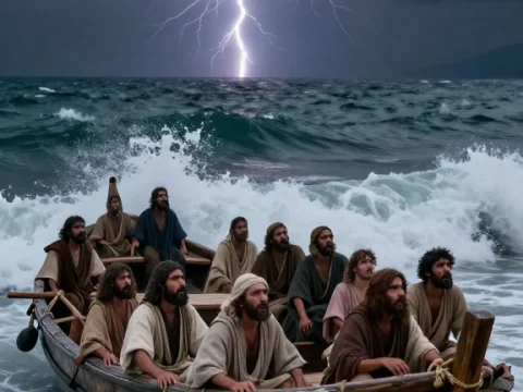 Stormy Night at Sea with Men in Wooden Boat