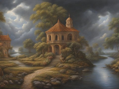 Stormy Riverside with Classic Architecture