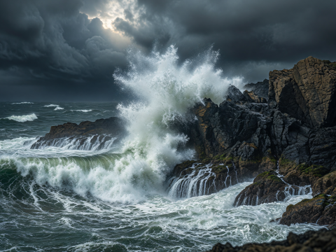 Stormy Sea Waves Crashing Against Rocky Cliffs