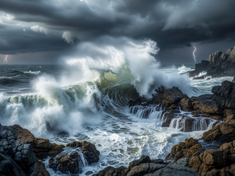 Stormy Sea Waves Crashing on Rocky Cliffs with Lightning
