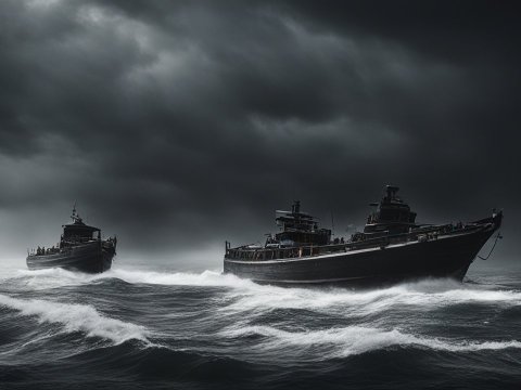 Stormy Sea with Two Ships in Low Angle View