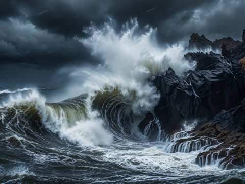 Stormy Waves Crashing Against Rocky Cliffs
