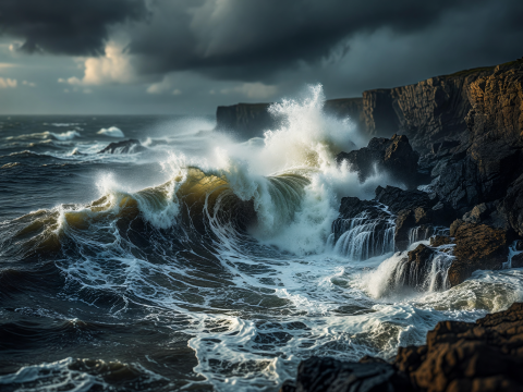 Stormy Waves Crashing on Rugged Cliffs