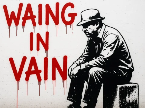 Street Art of Man Waiting with 'Waiting in Vain' Graffiti