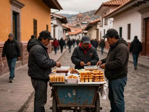 Street Food Sellers in Cusco on a Cobbled Street