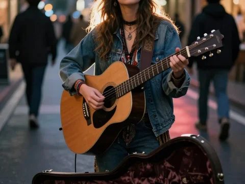 Street Musician Playing Guitar at Dusk