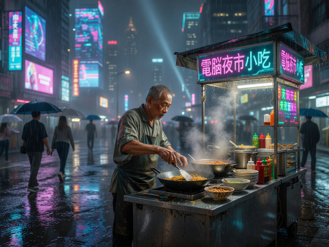 Street Vendor Cooking in Neon-Lit Rainy City