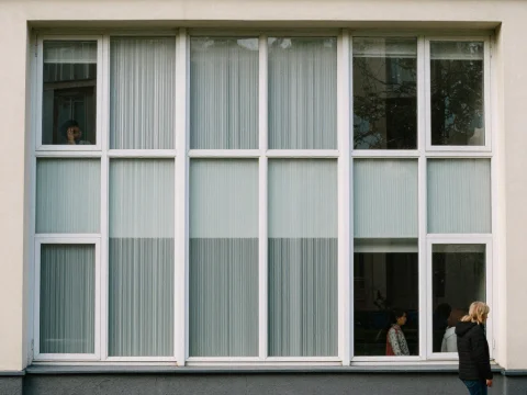 Street View of Modern Building with Large Windows and Pedestrian