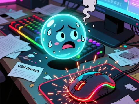 Stressed AI Orb Reacting to Malfunctioning USB Mouse
