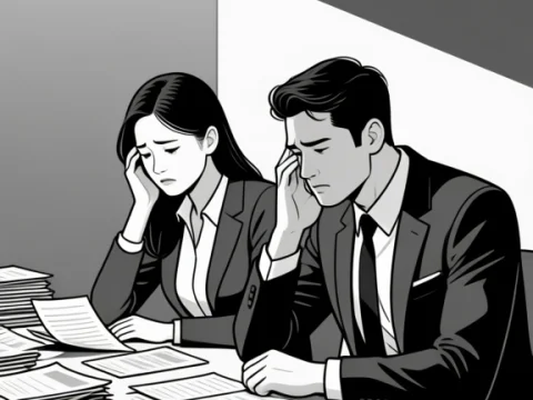 Stressed Business Couple Reviewing Bills in Office