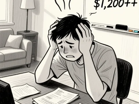 Stressed Character Overwhelmed by Expenses at Desk