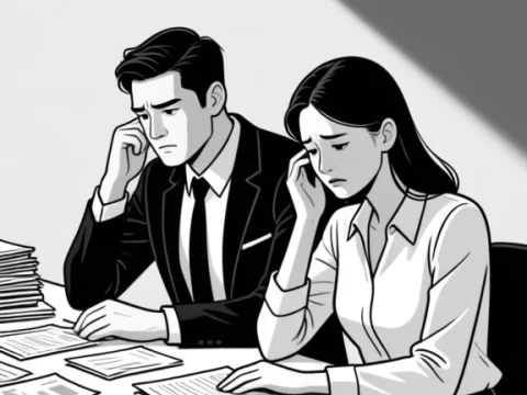 Stressed Couple Reviewing Bills Under Harsh Light